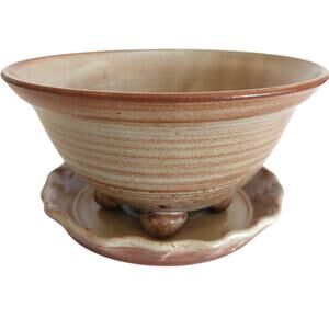 Handmade Ceramic Berry Bowl with Saucer Trinket Dish Signed Cottagecore Boho